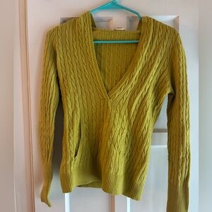 J. Crew Vintage Cashmere Hooded Cable Knit V-Neck Sweater